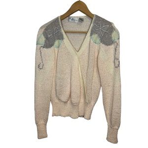 Vintage Pink  Knit Sweater Size Medium Embroidered